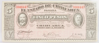 1915 Chihuahua Revolutionary 5 Pesos Note - Rarer Series H, Blue Scalloped Seal - 1915 Mexico Revolution Five Pesos Note - P#S532c