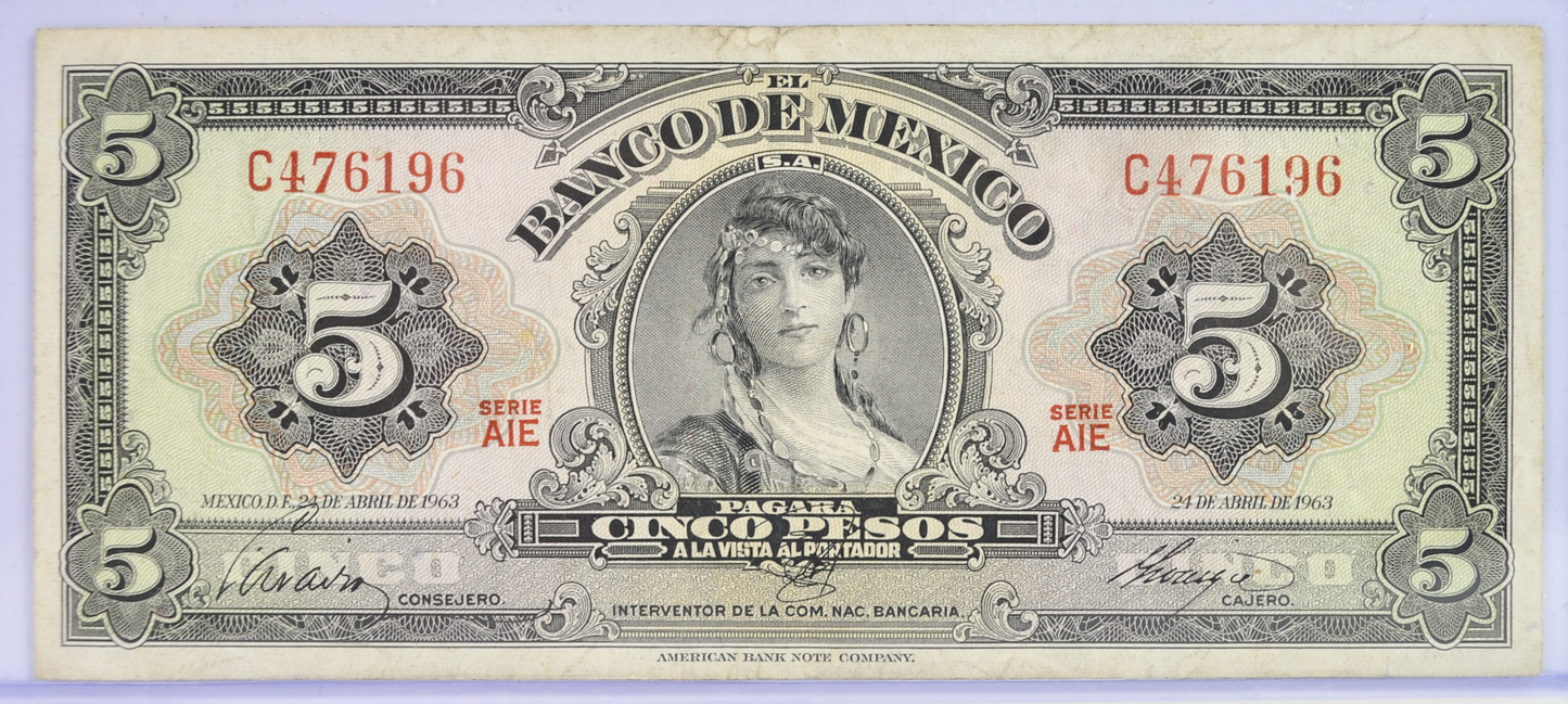 1963 Bank of Mexico 5 Pesos Bank Note - Choice of Grade - 24.4.1963 - 1963 Mexico Five Peso Banknote - P#60h&nbsp;