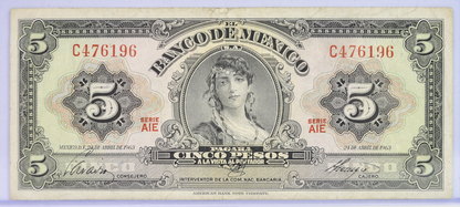 1963 Bank of Mexico 5 Pesos Bank Note - Choice of Grade - 24.4.1963 - 1963 Mexico Five Peso Banknote - P#60h&nbsp;