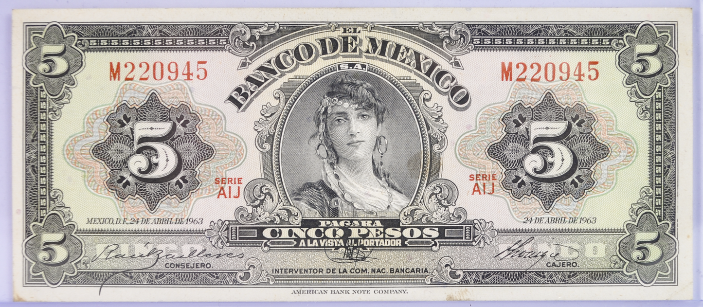 1963 Bank of Mexico 5 Pesos Bank Note - Choice of Grade - 24.4.1963 - 1963 Mexico Five Peso Banknote - P#60h&nbsp;
