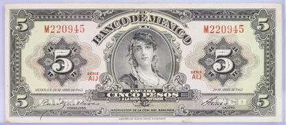 1963 Bank of Mexico 5 Pesos Bank Note - Choice of Grade - 24.4.1963 - 1963 Mexico Five Peso Banknote - P#60h&nbsp;