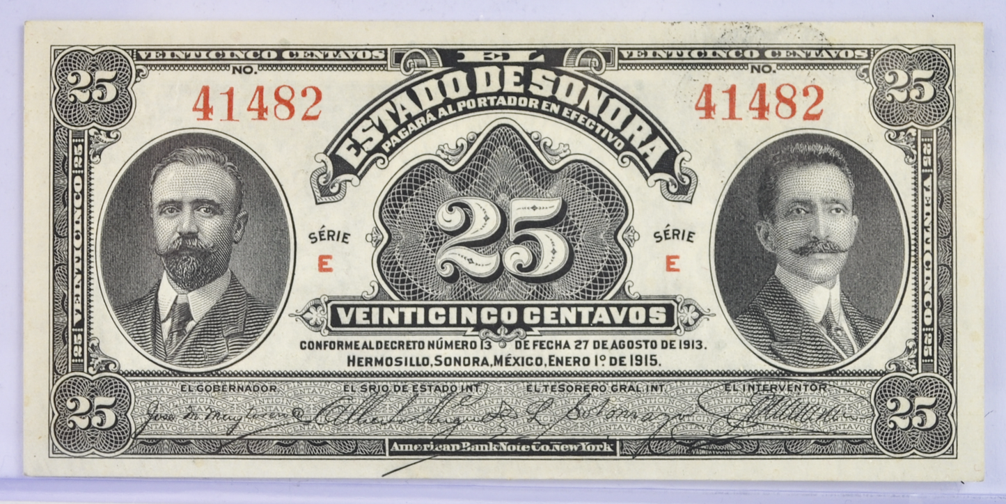 1915 El Estado de Sonora Mexico 25 Centavos Note - Decree No. 13 - 1915 Mexico Revolution Twenty-Five Centavo Note - P#S1069