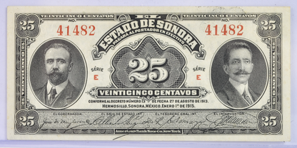 1915 El Estado de Sonora Mexico 25 Centavos Note - Decree No. 13 - 1915 Mexico Revolution Twenty-Five Centavo Note - P#S1069