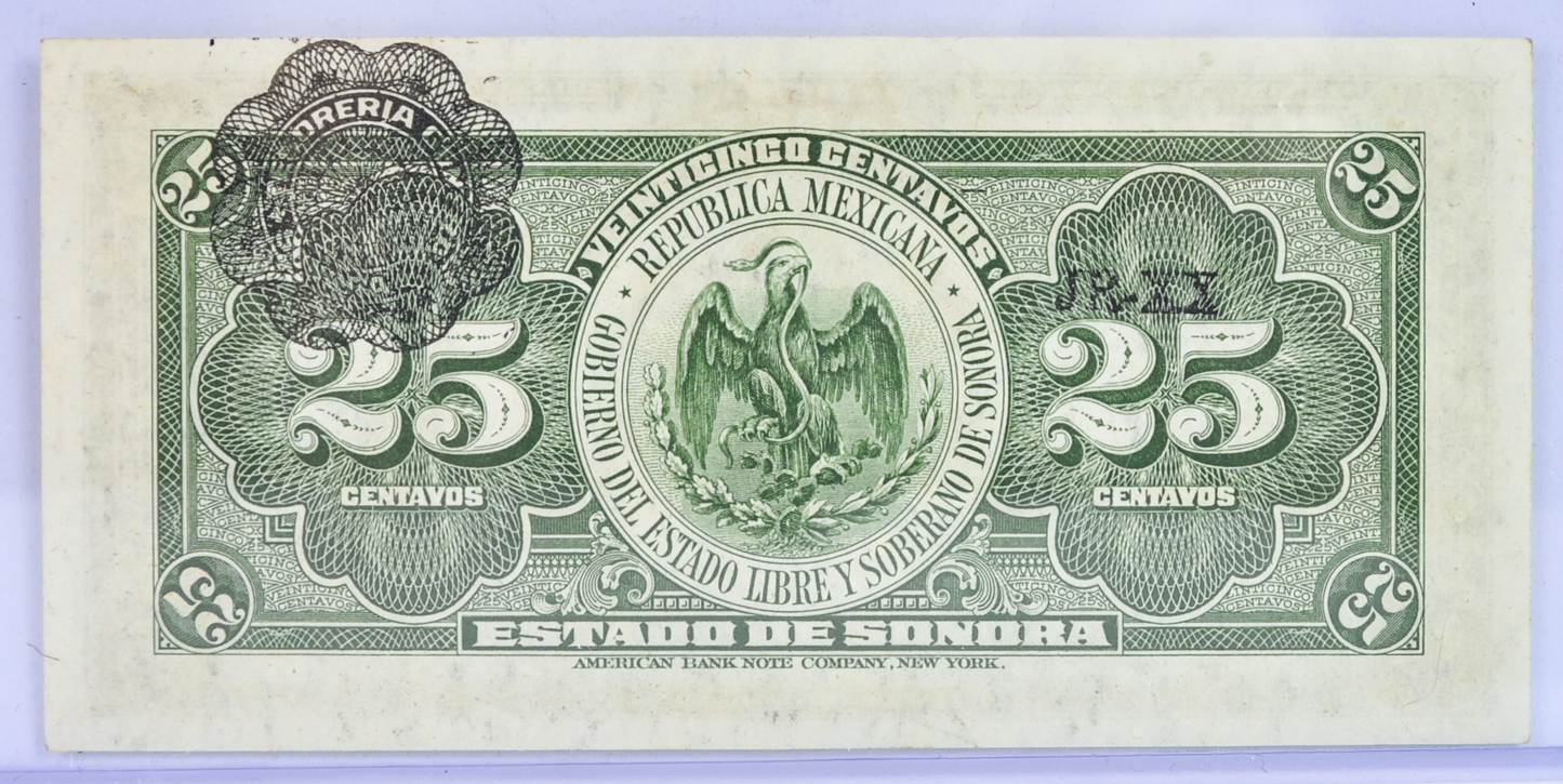 1915 El Estado de Sonora Mexico 25 Centavos Note - Decree No. 13 - 1915 Mexico Revolution Twenty-Five Centavo Note - P#S1069