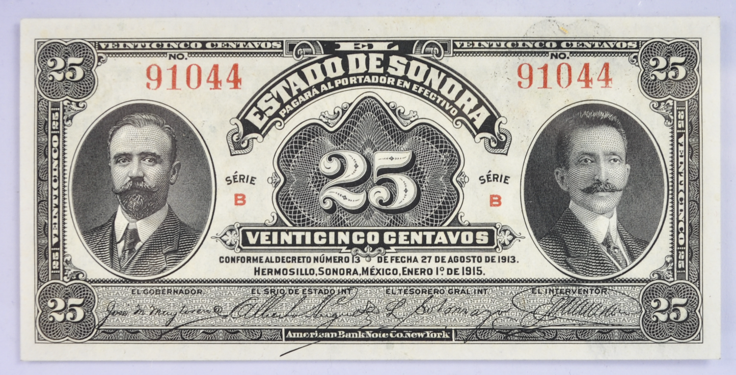 1915 El Estado de Sonora Mexico 25 Centavos Note - Decree No. 13 - 1915 Mexico Revolution Twenty-Five Centavo Note - P#S1069