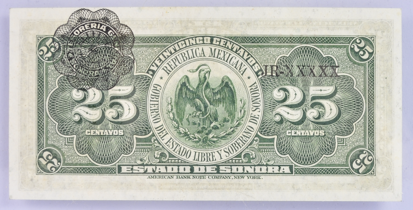 1915 El Estado de Sonora Mexico 25 Centavos Note - Decree No. 13 - 1915 Mexico Revolution Twenty-Five Centavo Note - P#S1069