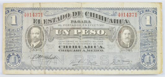 1915 El Estado de Chihuahua 1 Peso Revolutionary Banknote - Reverse 7-20-15 Date - Series L - 1915 One Peso Mexico Chihuahua Note - P#S530e