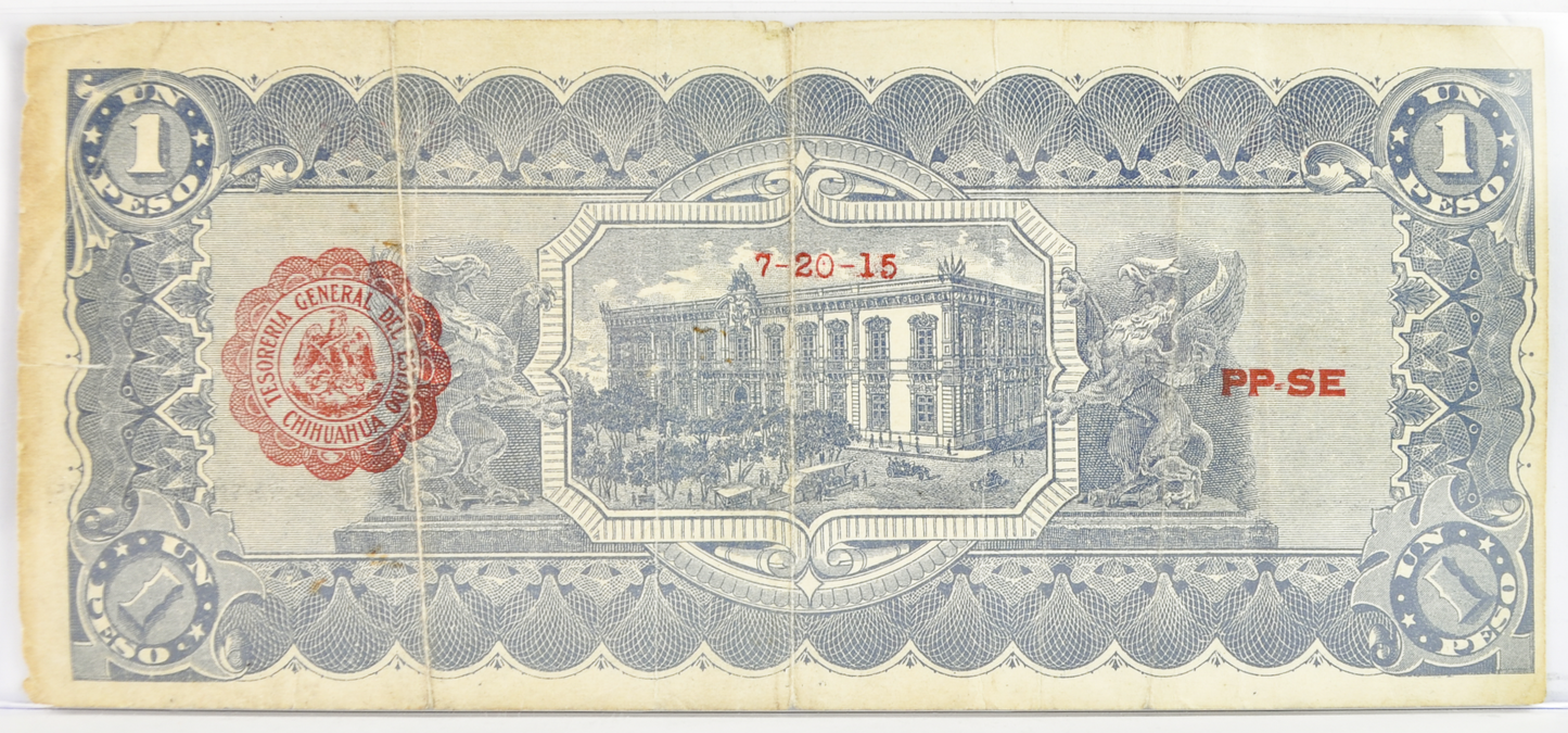 1915 El Estado de Chihuahua 1 Peso Revolutionary Banknote - Reverse 7-20-15 Date - Series L - 1915 One Peso Mexico Chihuahua Note - P#S530e