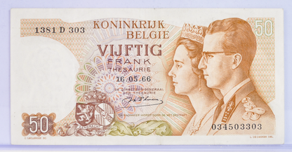 1966 Belgium Treasury 50 Francs Note - Signature #2 - Almost Uncirculated (AU) - 1966 Royaume de Belgique Fifty Francs Note - P#139