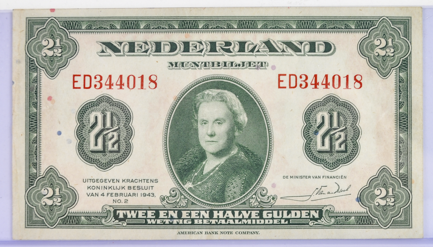 1943 Netherlands 2 1/2 Gulden Banknote - Rare Left Facing Portrait Type - 1943 Netherlands Two and a Half Gulden Note - P#65