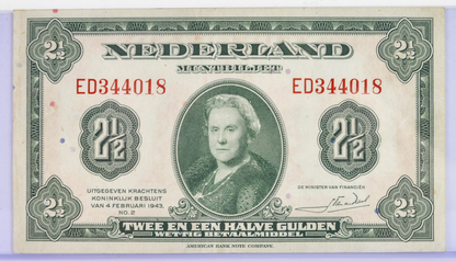 1943 Netherlands 2 1/2 Gulden Banknote - Rare Left Facing Portrait Type - 1943 Netherlands Two and a Half Gulden Note - P#65