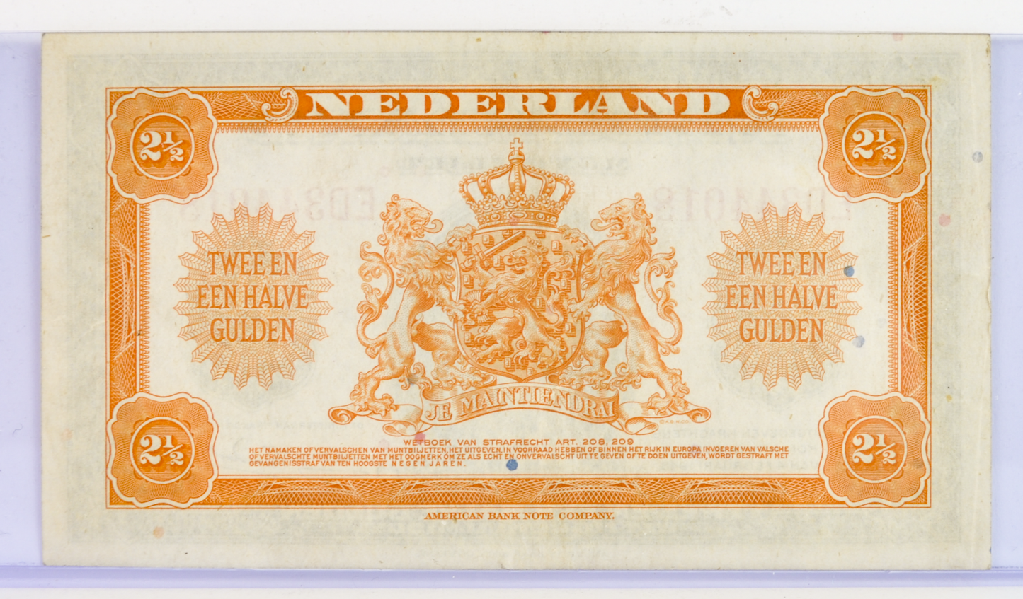 1943 Netherlands 2 1/2 Gulden Banknote - Rare Left Facing Portrait Type - 1943 Netherlands Two and a Half Gulden Note - P#65