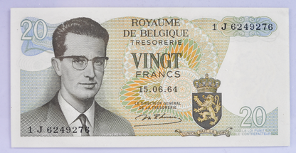 1964 Belgium Treasury 20 Francs Note - Signature #1 - Uncirculated (UNC) - 1964 Royaume de Belgique Twenty Francs Note - P#138