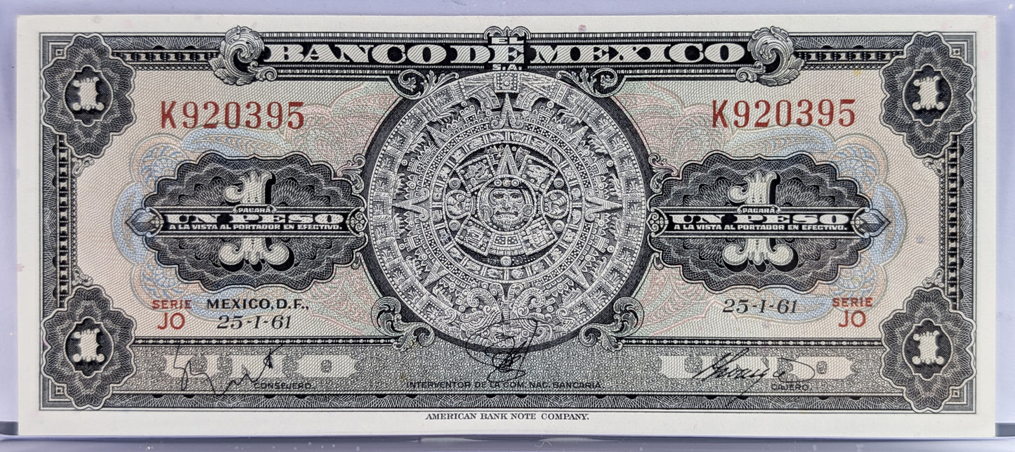 Bank of Mexico 1 Peso Bank Note - Aztec Calendar Design - Choose by Year - Banco de Mexico One Peso Aztec Calander Note - 1948-1965