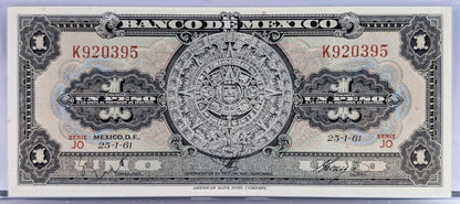Bank of Mexico 1 Peso Bank Note - Aztec Calendar Design - Choose by Year - Banco de Mexico One Peso Aztec Calander Note - 1948-1965