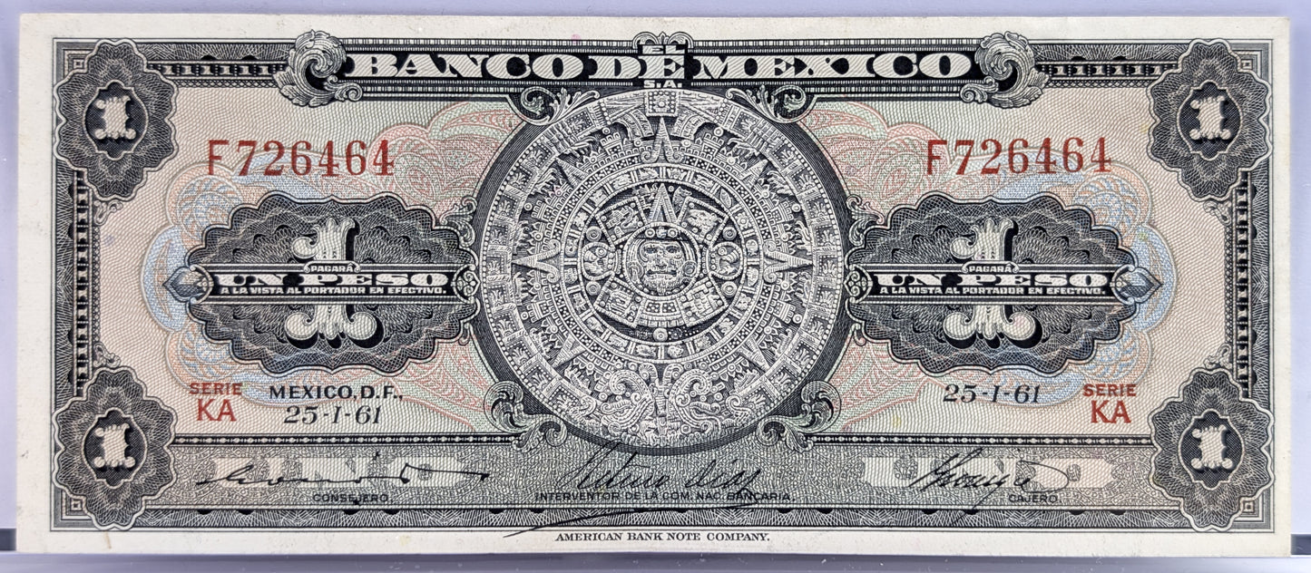Bank of Mexico 1 Peso Bank Note - Aztec Calendar Design - Choose by Year - Banco de Mexico One Peso Aztec Calander Note - 1948-1965