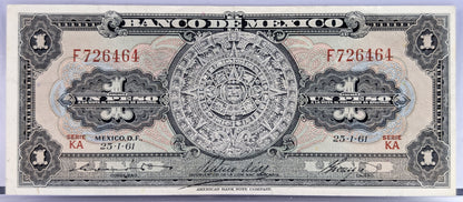 Bank of Mexico 1 Peso Bank Note - Aztec Calendar Design - Choose by Year - Banco de Mexico One Peso Aztec Calander Note - 1948-1965