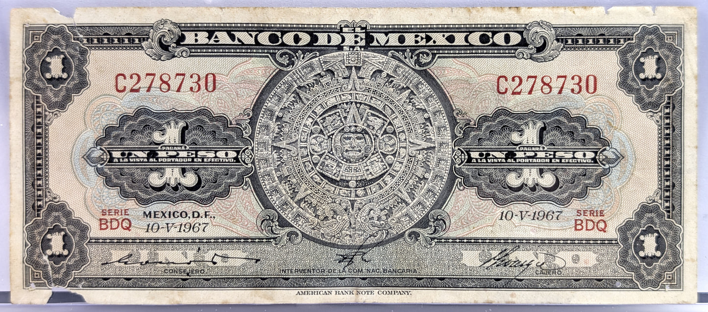 Bank of Mexico 1 Peso Bank Note - Aztec Calendar Design - Choose by Year - Banco de Mexico One Peso Aztec Calander Note - 1948-1965