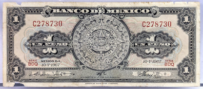 Bank of Mexico 1 Peso Bank Note - Aztec Calendar Design - Choose by Year - Banco de Mexico One Peso Aztec Calander Note - 1948-1965