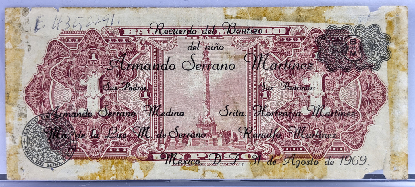 Bank of Mexico 1 Peso Bank Note - Aztec Calendar Design - Choose by Year - Banco de Mexico One Peso Aztec Calander Note - 1948-1965