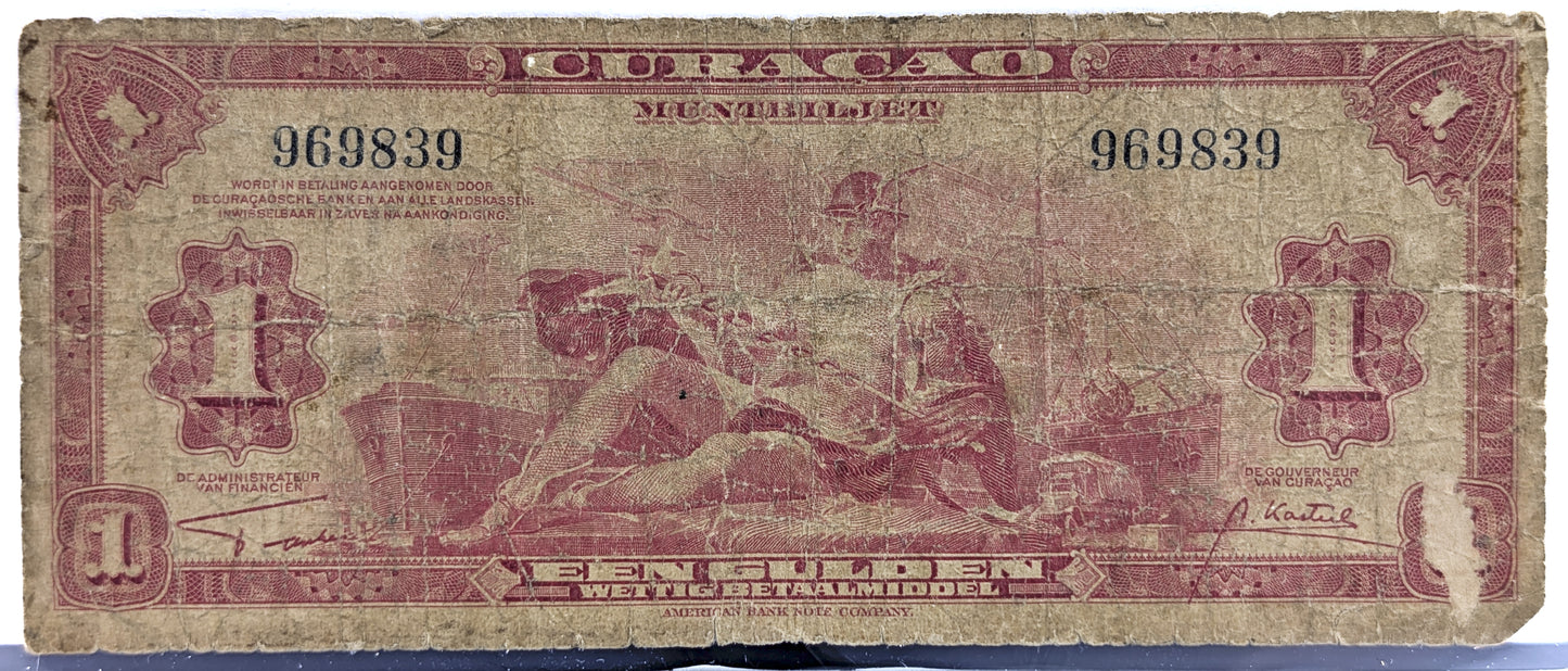 1942 Dutch Curacao Muntbiljet 1 Gulden Banknote - Rare No Prefix Type - Good (G) - Rare 1942 Netherlands Curacao One Gulden Note - P#35a