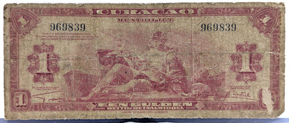 1942 Dutch Curacao Muntbiljet 1 Gulden Banknote - Rare No Prefix Type - Good (G) - Rare 1942 Netherlands Curacao One Gulden Note - P#35a