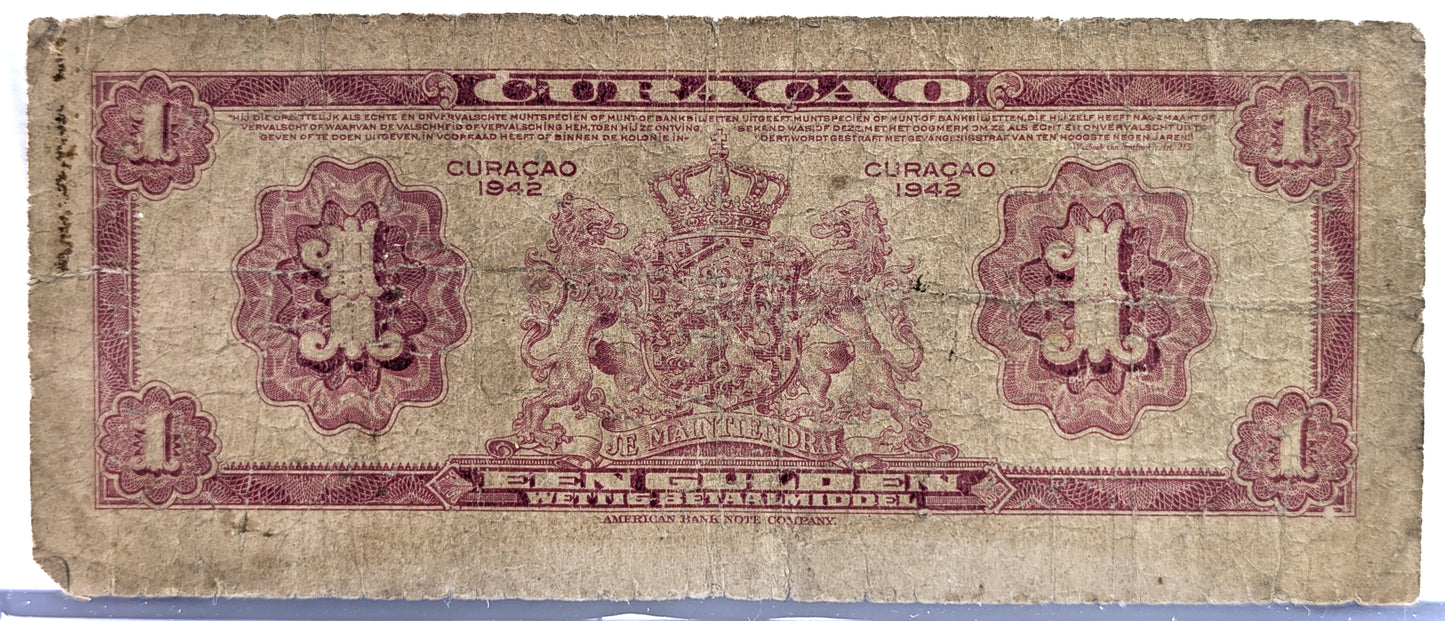 1942 Dutch Curacao Muntbiljet 1 Gulden Banknote - Rare No Prefix Type - Good (G) - Rare 1942 Netherlands Curacao One Gulden Note - P#35a