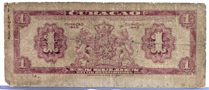1942 Dutch Curacao Muntbiljet 1 Gulden Banknote - Rare No Prefix Type - Good (G) - Rare 1942 Netherlands Curacao One Gulden Note - P#35a