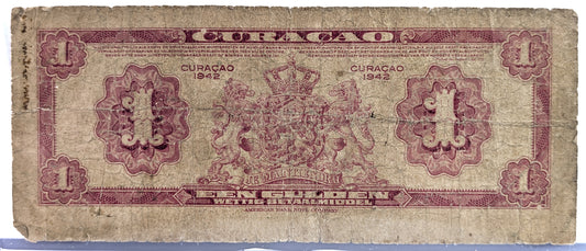 1942 Dutch Curacao Muntbiljet 1 Gulden Banknote - Rare No Prefix Type - Good (G) - Rare 1942 Netherlands Curacao One Gulden Note - P#35a