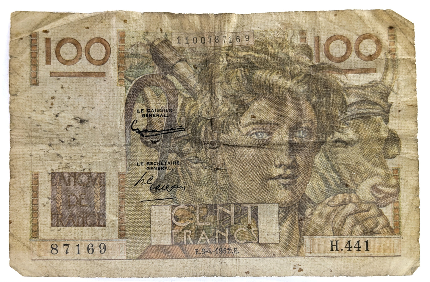 1952 Bank of France 100 Franc Note - Rarer Date (3-4-1952) - Very Good (VG) - 1952 French One Hundred Francs Banknote - P#128d