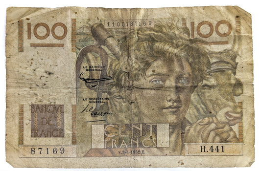 1952 Bank of France 100 Franc Note - Rarer Date (3-4-1952) - Very Good (VG) - 1952 French One Hundred Francs Banknote - P#128d