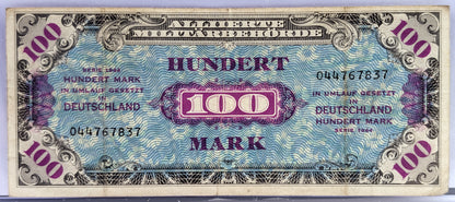 1944 Allied Military Germany 100 Mark Note - Rarer High Denomination, F- Print Code - 1944 German One Hundred Mark AM Banknote - P#197a