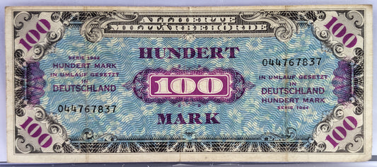 1944 Allied Military Germany 100 Mark Note - Rarer High Denomination, F- Print Code - 1944 German One Hundred Mark AM Banknote - P#197a