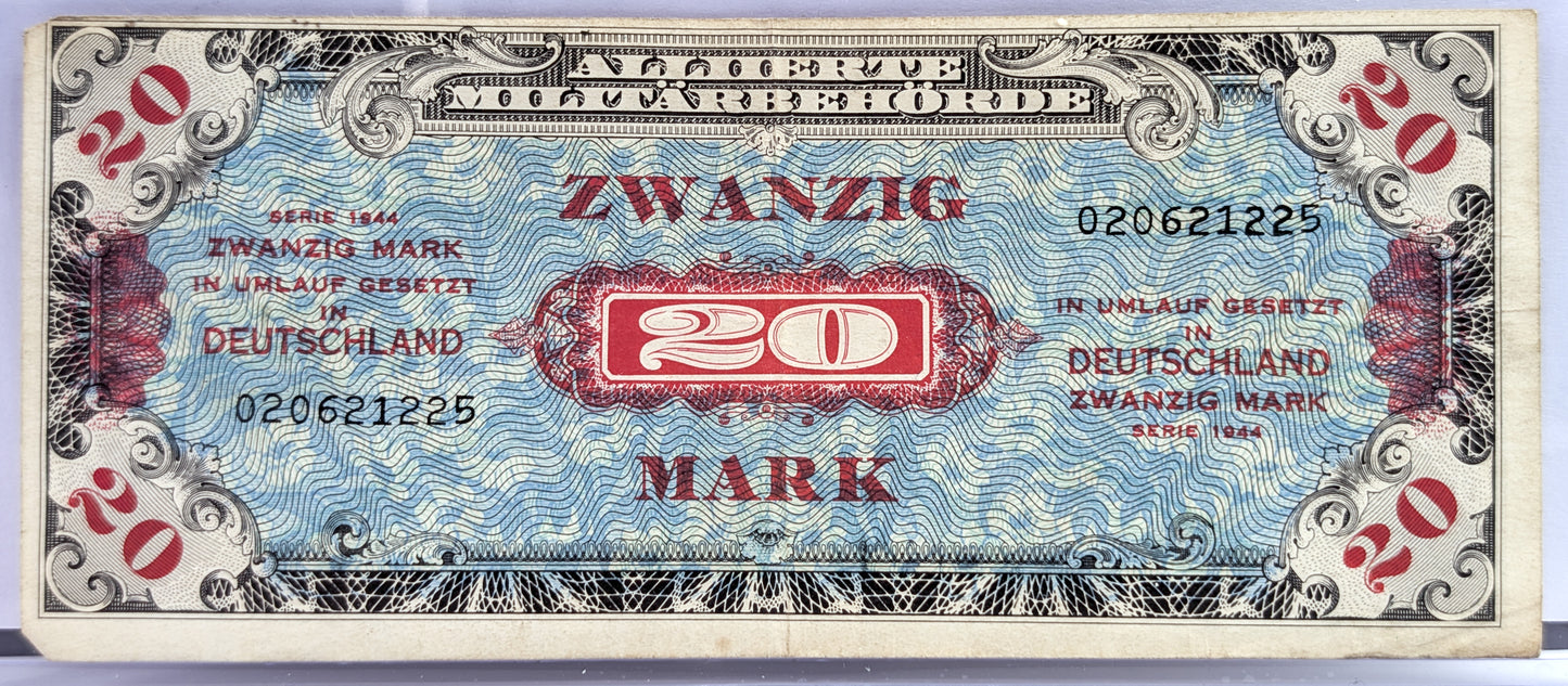 1944 Allied Military Germany 20 Mark Note - WW2 Allied Currency, F- Print Code - 1944 German Twenty Mark Allied Military Banknote - P#195a