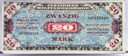 1944 Allied Military Germany 20 Mark Note - WW2 Allied Currency, F- Print Code - 1944 German Twenty Mark Allied Military Banknote - P#195a