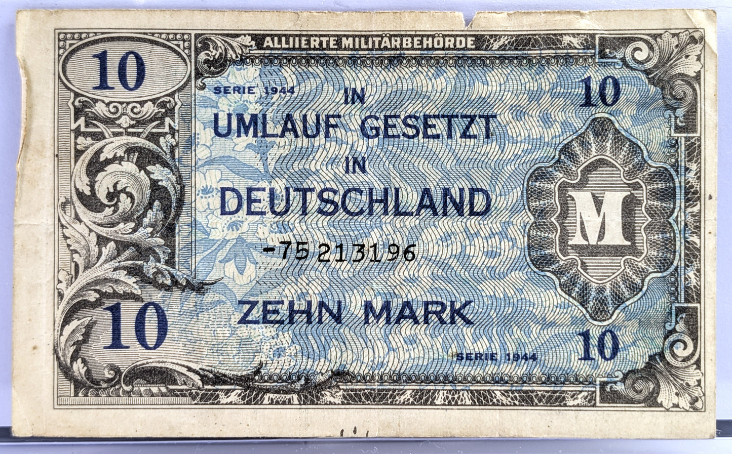 1944 Allied Military Germany 10 Mark Note - No Print Code, 8-Digit Serial - 1944 German Ten Mark Zehn Mark Allied Military Banknote - P#194d