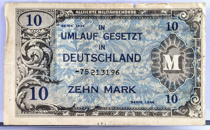 1944 Allied Military Germany 10 Mark Note - No Print Code, 8-Digit Serial - 1944 German Ten Mark Zehn Mark Allied Military Banknote - P#194d