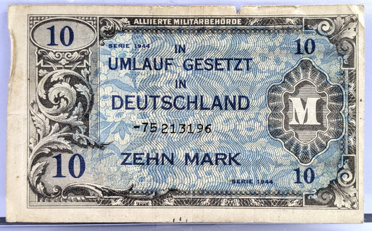 1944 Allied Military Germany 10 Mark Note - No Print Code, 8-Digit Serial - 1944 German Ten Mark Zehn Mark Allied Military Banknote - P#194d