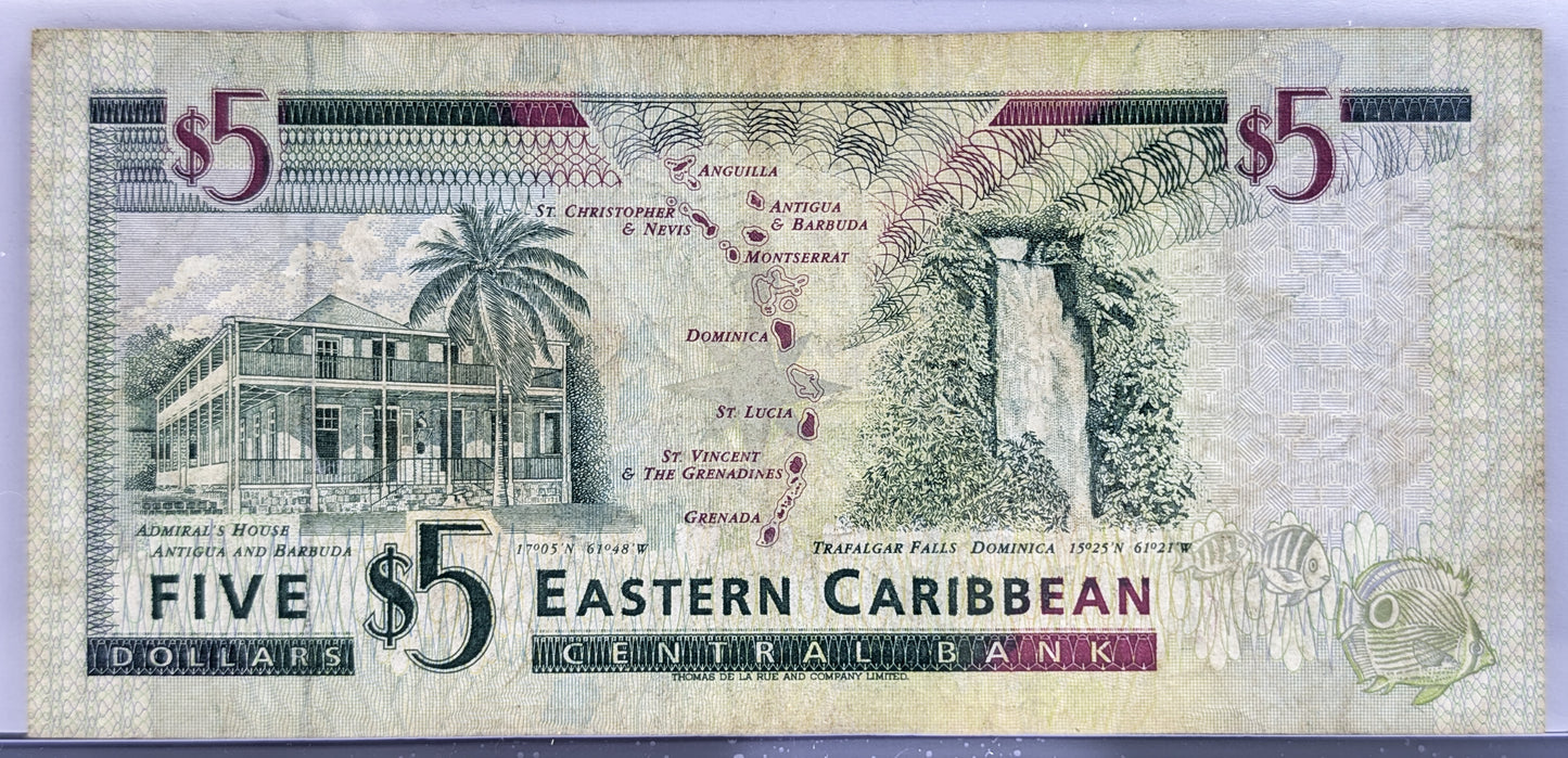 1994 (N.D.) East Caribbean Central Bank 5 Dollar Note - No Underlay, Antiqua Issue - 1994 British Caribbean Five Dollars Note - P#31a