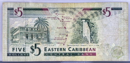 1994 (N.D.) East Caribbean Central Bank 5 Dollar Note - No Underlay, Antiqua Issue - 1994 British Caribbean Five Dollars Note - P#31a
