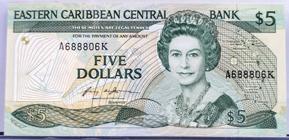 1985-88 (N.D.) East Caribbean States 5 Dollar Banknote - St. Kitts and Nevis Issue - 1988 British Caribbean Five Dollars Note - P#18k