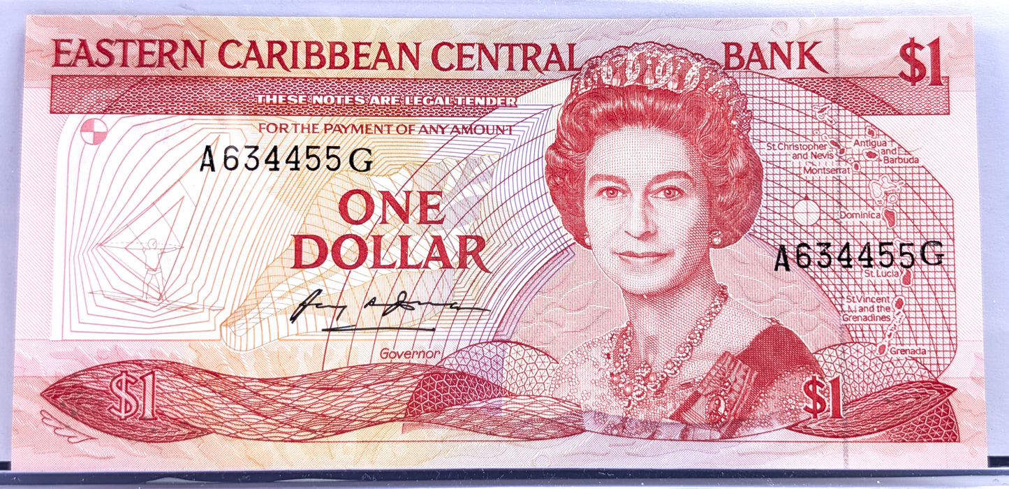 1985-88 (N.D.) East Caribbean States 1 Dollar Banknote - Grenada Issue, G Suffix - 1988 British Caribbean One Dollar Note - P#17g