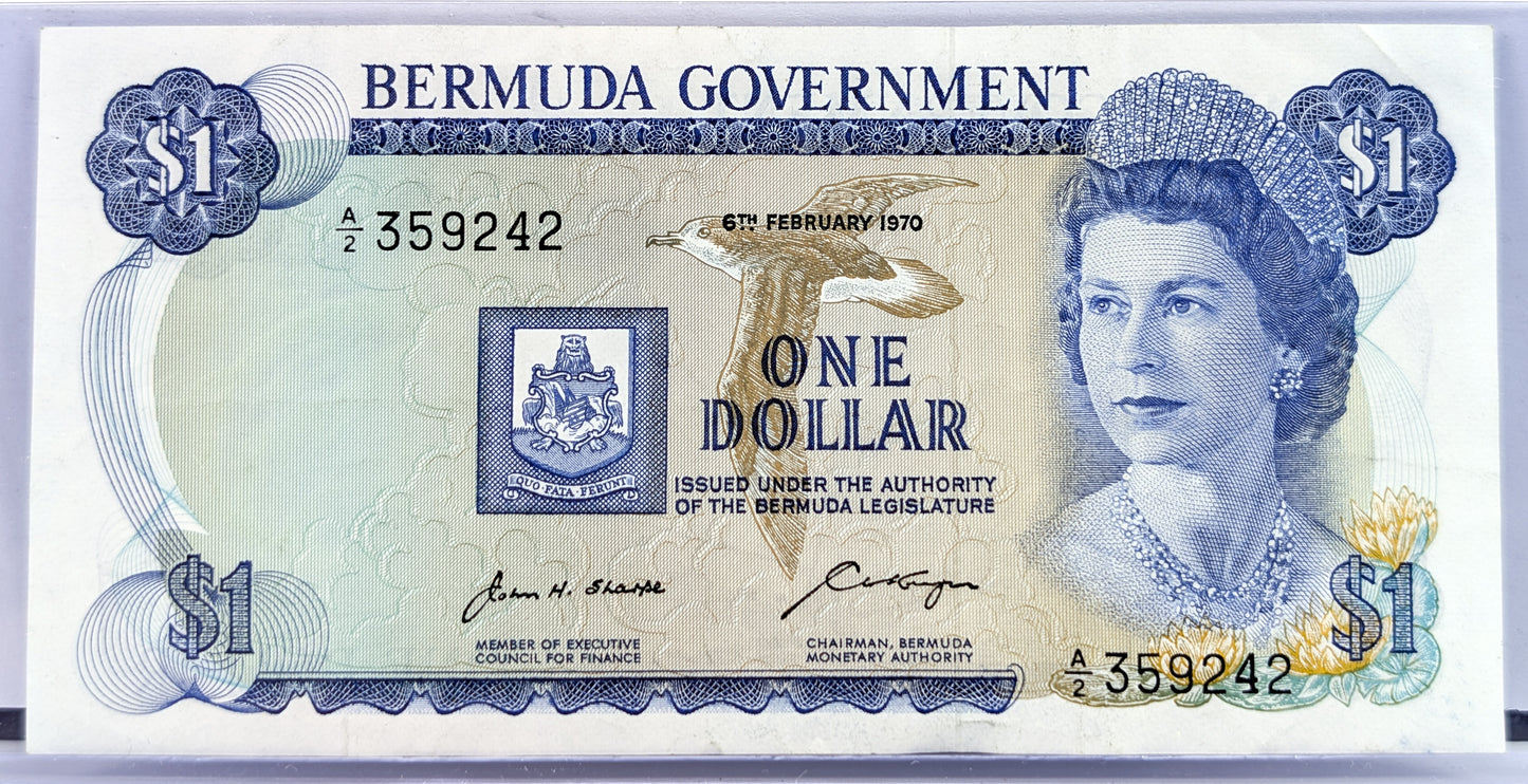 1970 Bermuda Government 1 Dollar Note - Rarer Early Date - Choice of High Grade - 1970 British Bermuda One Dollar Banknote - P#23a