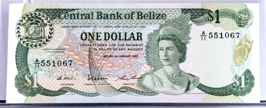 1987 Central Bank of Belize 1 Dollar Note - Issued Jan. 1st, 1987 - Modified Seal - 1987 British Belize One Dollar Banknote - P#46c
