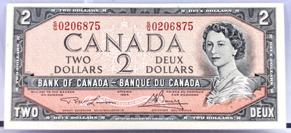 1954 Bank of Canada 2 Dollar Note - Choose by grade - Lawson/Bouey Signatures - 1954 Canadian Two Dollar Banknote - P#76d