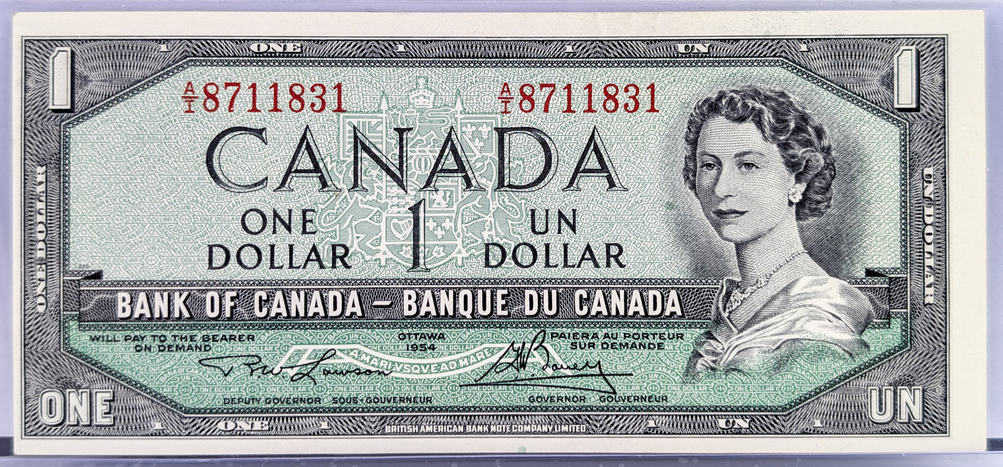 1954 Bank of Canada 1 Dollar Banknote - Lawson/Bouey Signatures - BABN Issue - 1954 Canadian One Dollar Modified Portrait Note - P#75d