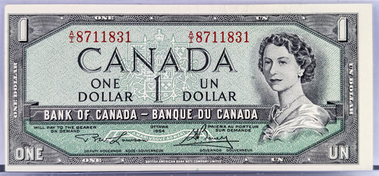 1954 Bank of Canada 1 Dollar Banknote - Lawson/Bouey Signatures - BABN Issue - 1954 Canadian One Dollar Modified Portrait Note - P#75d