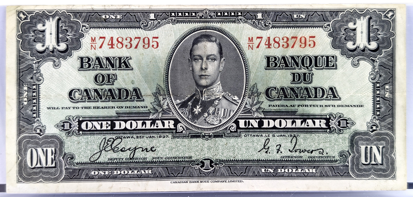 1937 Bank of Canada 1 Dollar Note - Choose by Prefix - Coyne/Towers Signatures - 1937 Canadian One Dollar Bill - P#58e