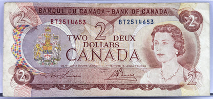 1974 Bank of Canada 2 Dollar Banknote - Lawson/Bouey Signatures - Very Fine (VF) - 1974 Canadian Two Dollars Note - P#86a