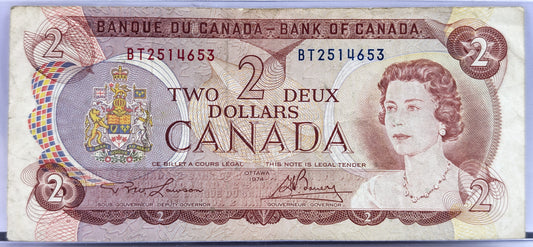 1974 Bank of Canada 2 Dollar Banknote - Lawson/Bouey Signatures - Very Fine (VF) - 1974 Canadian Two Dollars Note - P#86a